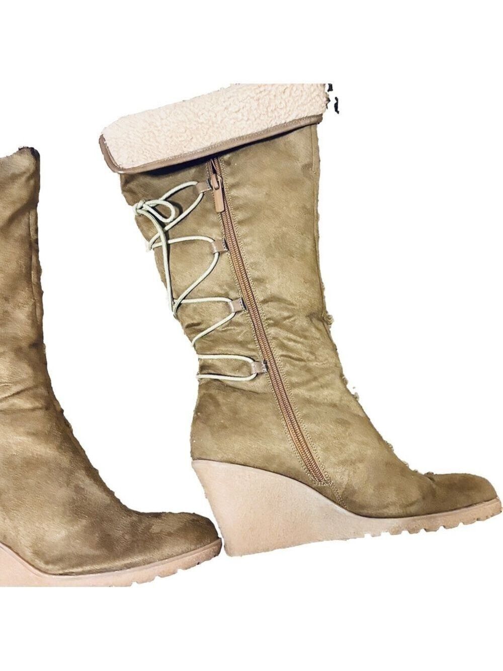Light Brown Lace Up Zipper Wedge Boots - Picture 6 of 15